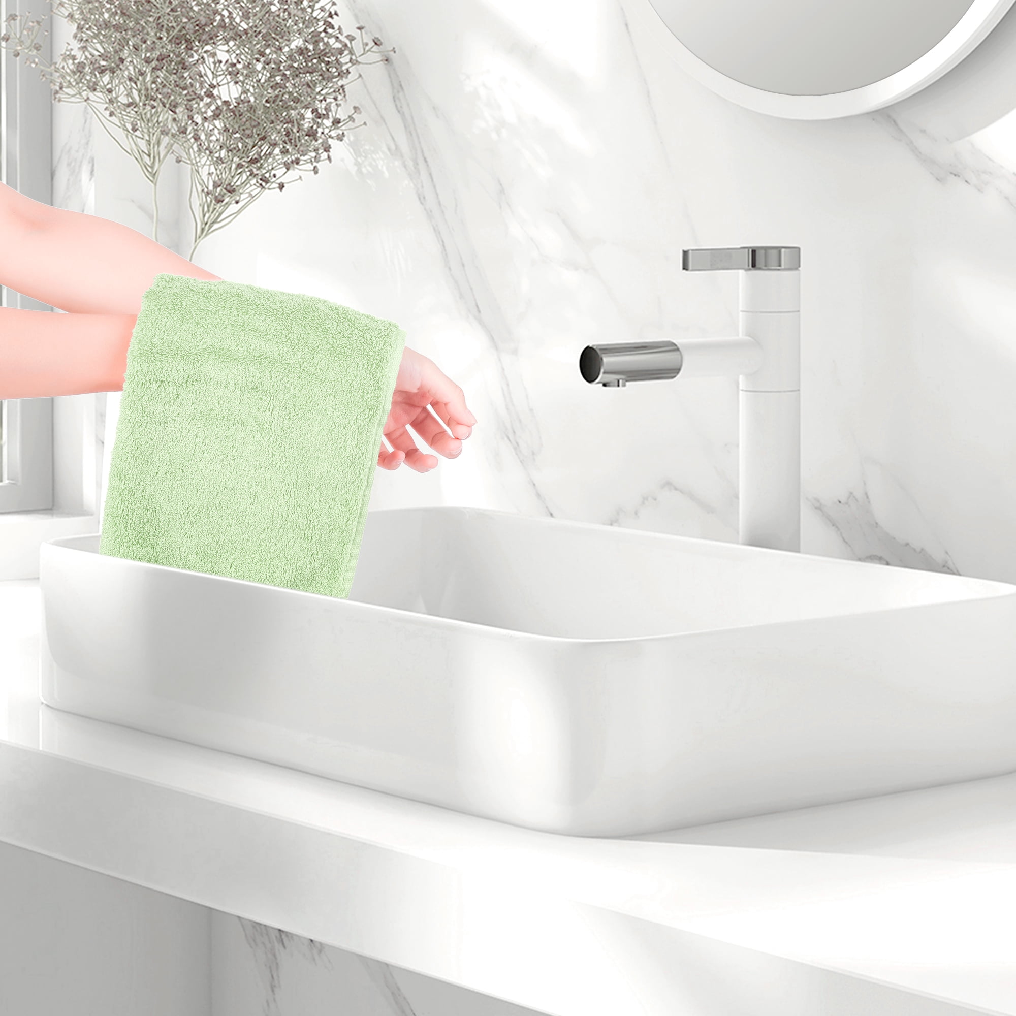 REGALWOVEN 6 Pack Cotton Washcloths, Solid Face Cloths, Absorbent and Quick Drying Towel for Bathroom Green 13" x 13"