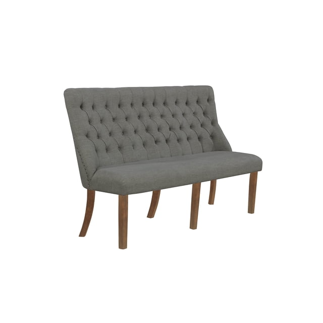 Large Gray Linen Dining Bench with Tufted Seats and Walnut Wood Base