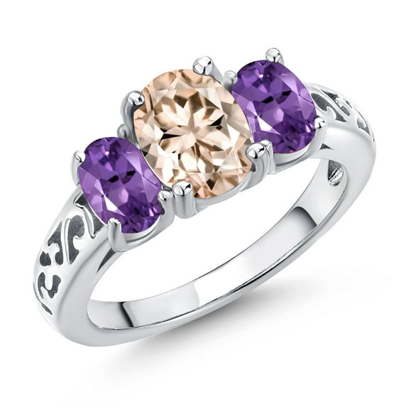 Gem Stone King 925 Sterling Silver Peach Morganite and Purple Amethyst Filigree Style 3 Stone Ring for Women (1.90 Cttw, Oval 8X6MM and 6X4MM) (Size 6)