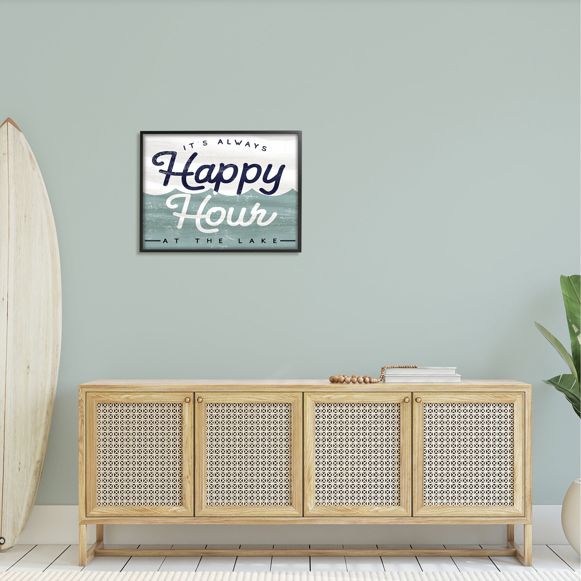 Stupell Industries Always Happy Hour Vintage Lake House Wave Signage Framed Wall Art, 30 x 24, Design by Lil' Rue