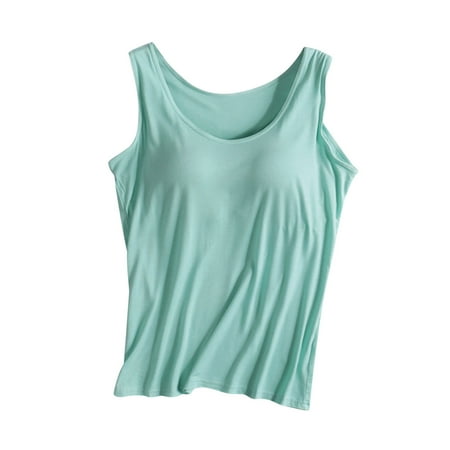 AKOEE Modal Cotton Tank Tops for Women with Shelf Bra Sleeveless Wide Strap Layer Padded Camisole Yoga Top S-4XL (4X-Large  Green 02)
