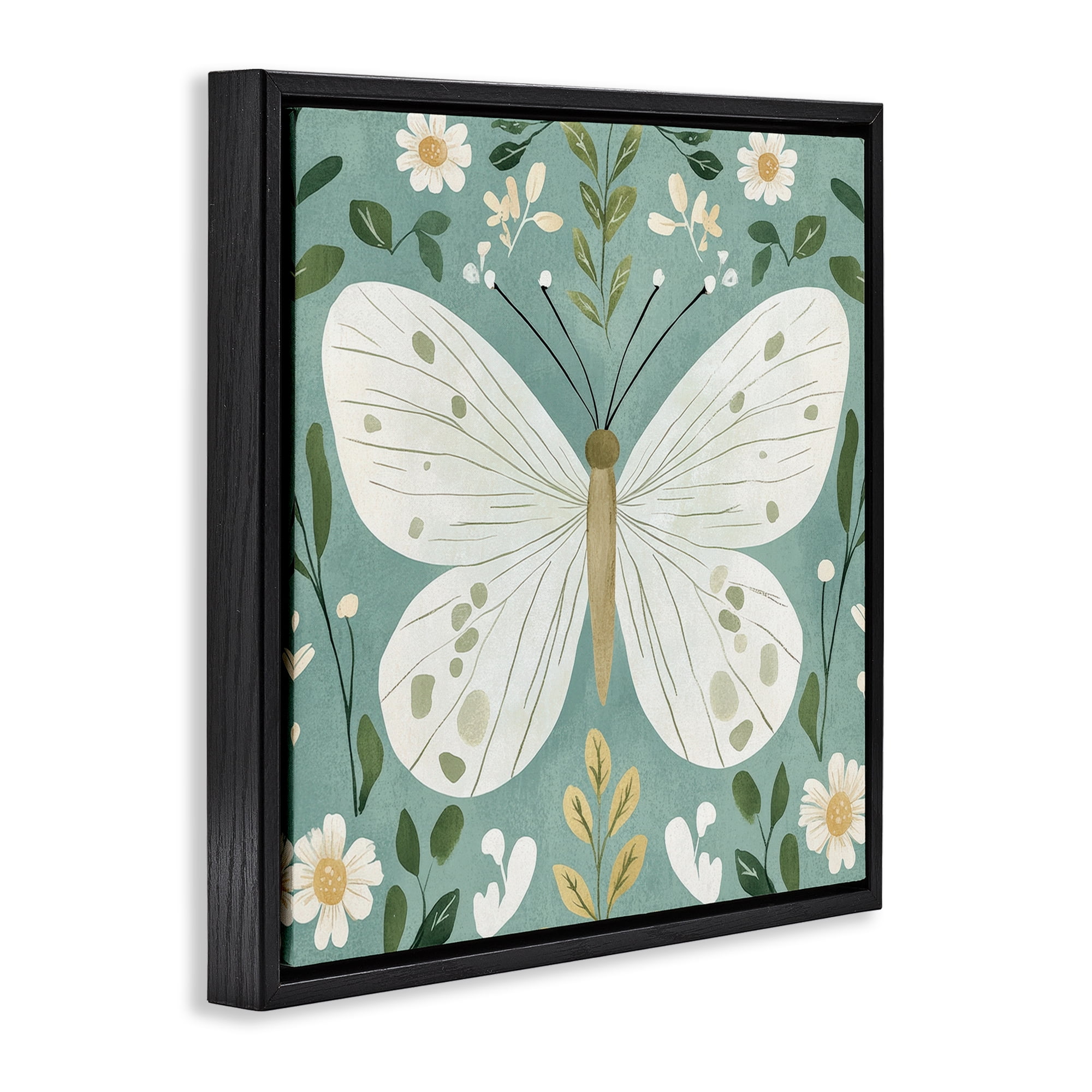 Stupell Industries Teal Butterfly Garden with Daisies Black Framed Floater Canvas Wall Art, design by Petal Prints Design