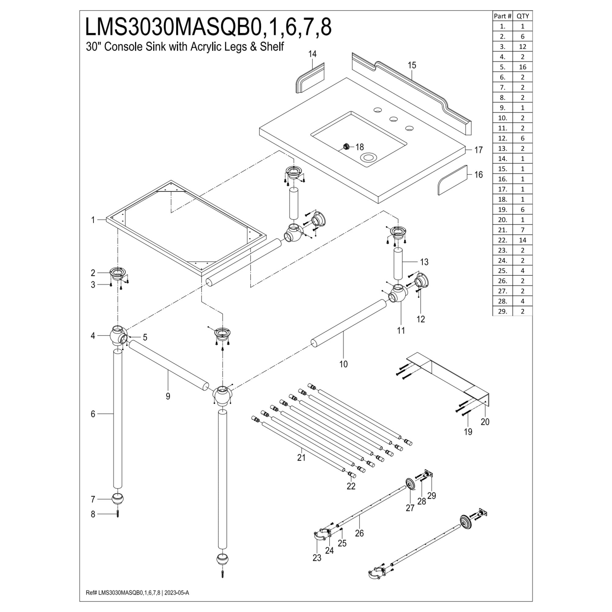 Kingston Brass LMS3030MASQB6 Pemberton 30" Carrara Marble Console Sink with Acrylic Legs and Shelf (8-Inch, 3-Hole), Carrara Marble White/Polished Nickel