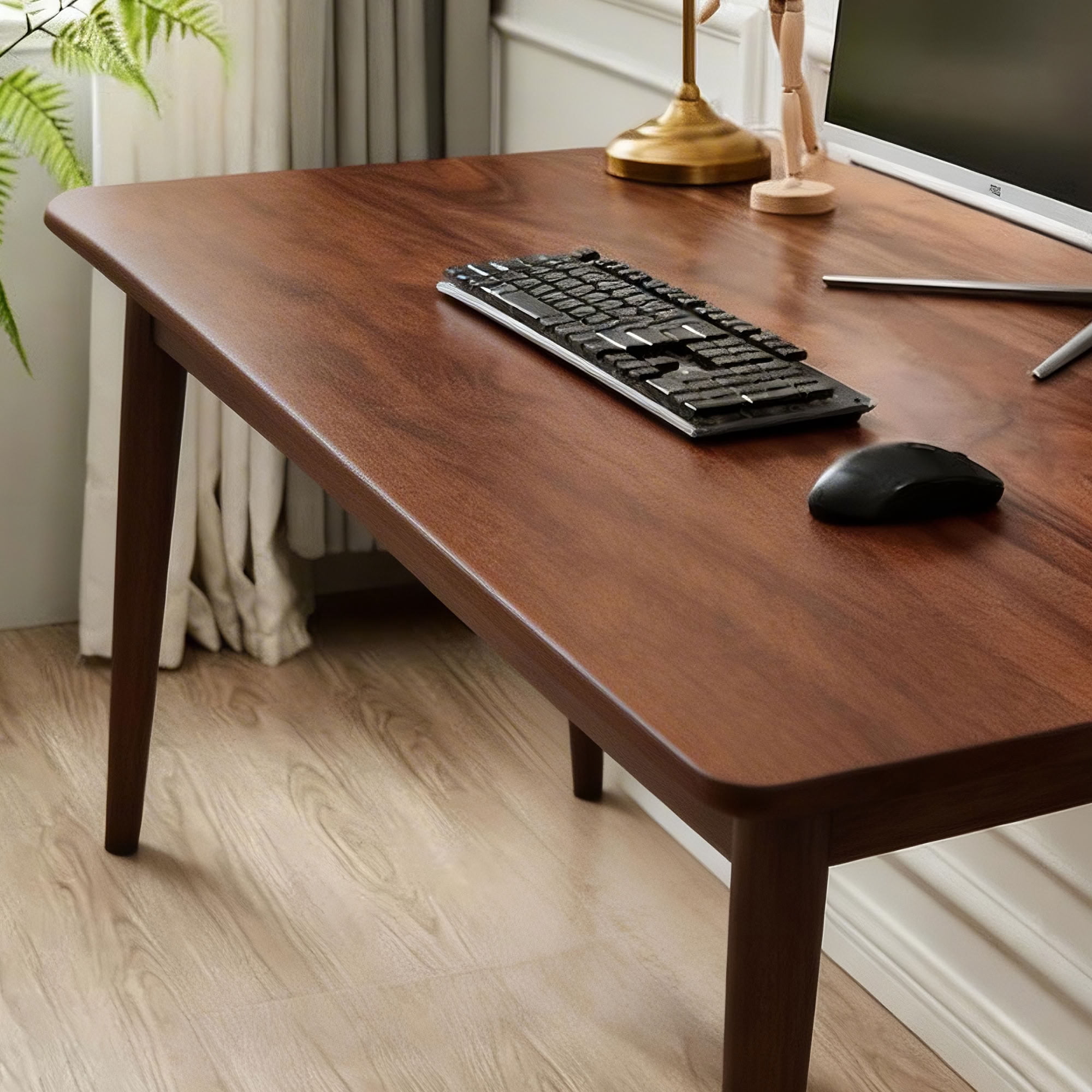 MAYEERTY Solid Rubberwood Writing Desk, Mid-Century Modern Computer Desk with Walnut Finish, for Small Spaces Bedroom Home Office Dorm Room