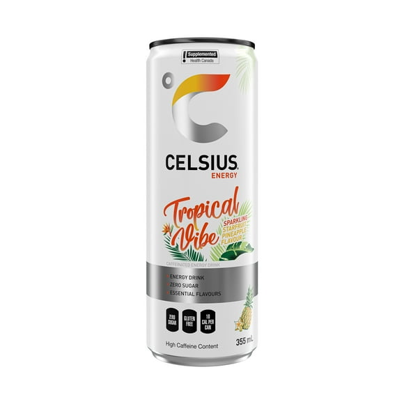 Celsius Tropical Offrez des vacances tropicales à vos papilles gustatives avec les saveurs exotiques rafraîchissantes de la carambole et de l'ananas. Une douce fusion de saveurs qui apporte la vibe tropicale dans chaque gorgée. Zéro sucre par canette de 355 mL.