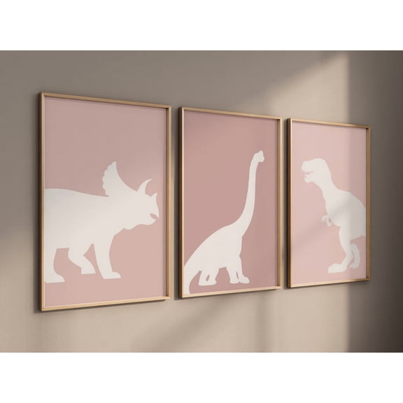 UNFFRAMED Dinosaur Prints, T-Rex Print, Triceratops Print, Brachiosaurus Print, Dinosaur Wall Art, Girl Nursery, Blush Nursery, Blush Pink #547 Set 3 Prints 8x12