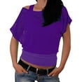 thumbnail image 2 of Women's Loose Fit Round Neck Off Shoulder Short Sleeve Mesh Hollow Out Top Blouse Cute Trendy Party Outfits Date Night Club Dance Wear | CSEONE,Purple XL, 2 of 4