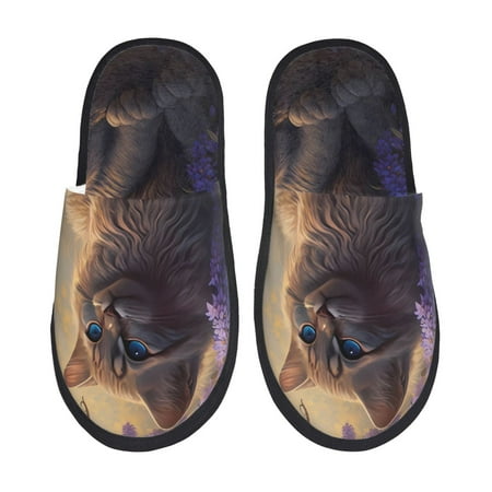 Balery Purple Flower Lazy Cat Slient Indoor Furry Fleece Comfort House Shoes Soft Non-Slip Home Shoes Cotton slippers House Slippers-- Large