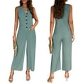 thumbnail image 2 of Xmarks Womens Summer Button Solid Color Tank Jumpsuit Casual Sleeveless V Neck Rompers Loose Wide Leg Long Pants with Pockets Green L, 2 of 8