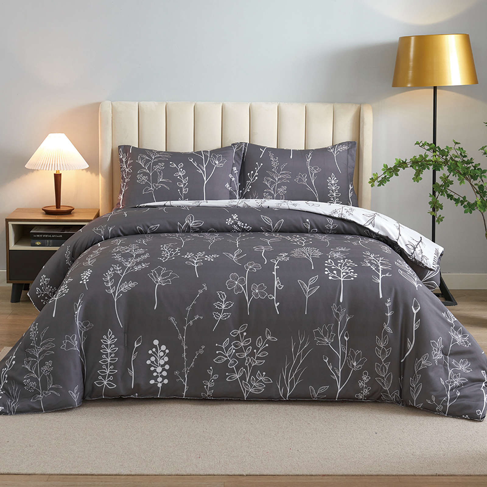 Koniroom Dark Grey Floral Comforter Set Queen Size Reversible