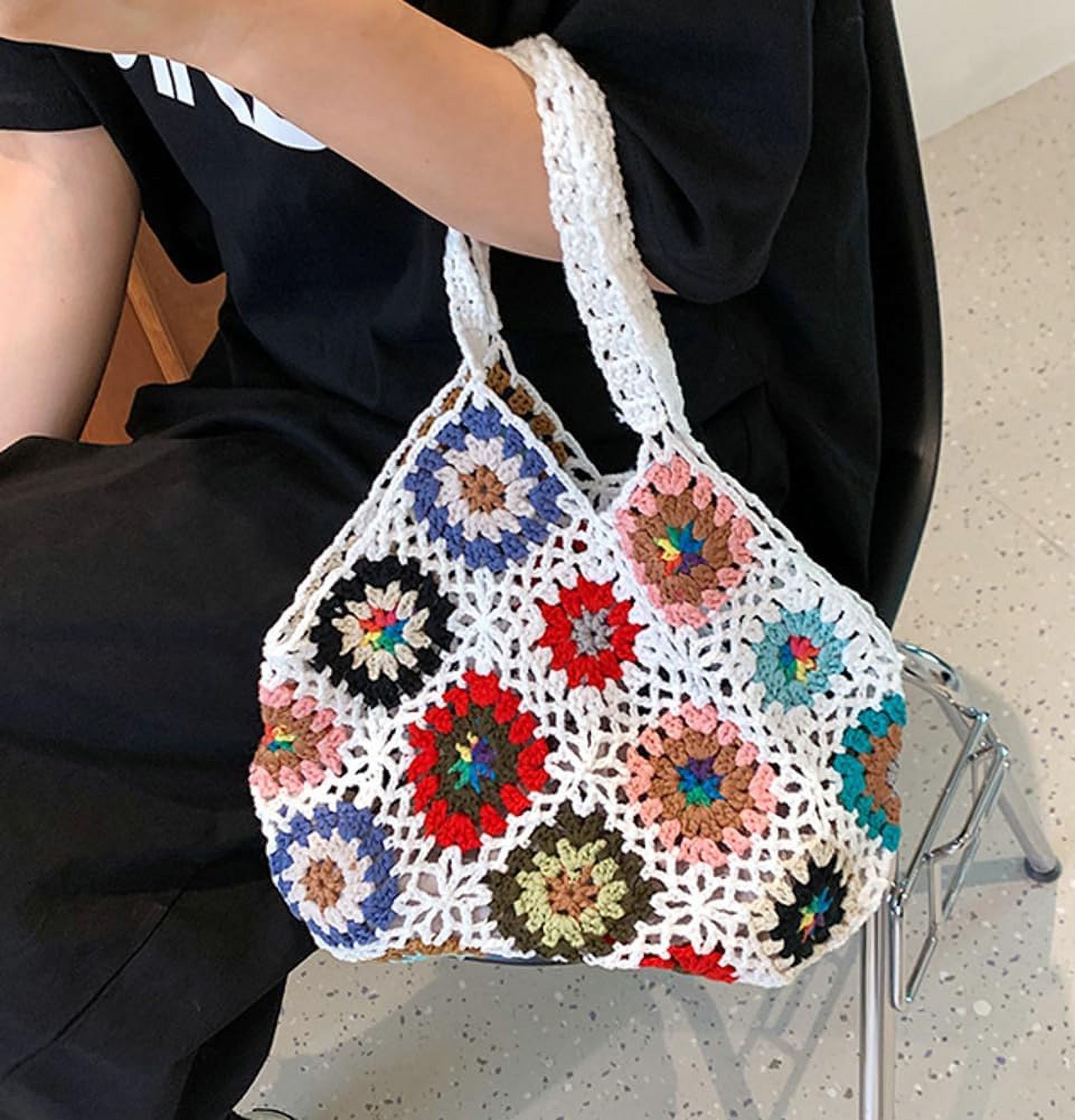 Kukuzhu Cute Floral Knitted Shoulder Bag Women Aesthetic Fairy Y2k Hobo Bag Crochet Small Hand Woven Beach Mesh Tote Purse