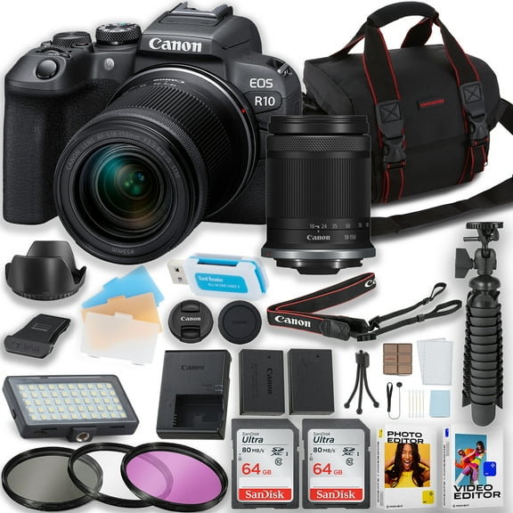 Canon EOS R10 Mirrorless Camera with Canon RF-S 18-150mm IS STM Lens   LED Video Light   2pc 64GB Memory Cards   Tripod   Filters & More