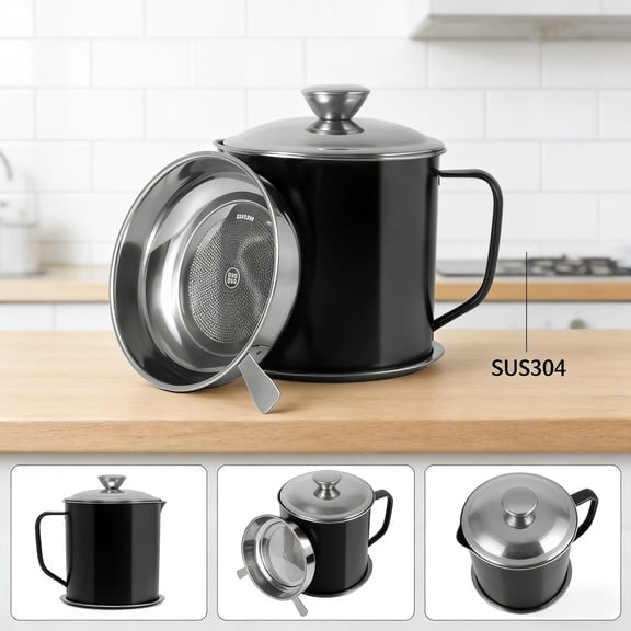 Bacon Grease Container with Strainer 1.25 L / 42 oz Stainless Steel Cooking Oil Keeper with Lid and Easy-Grip Handle Suitable for Storing Frying Oil and Cooking Grease