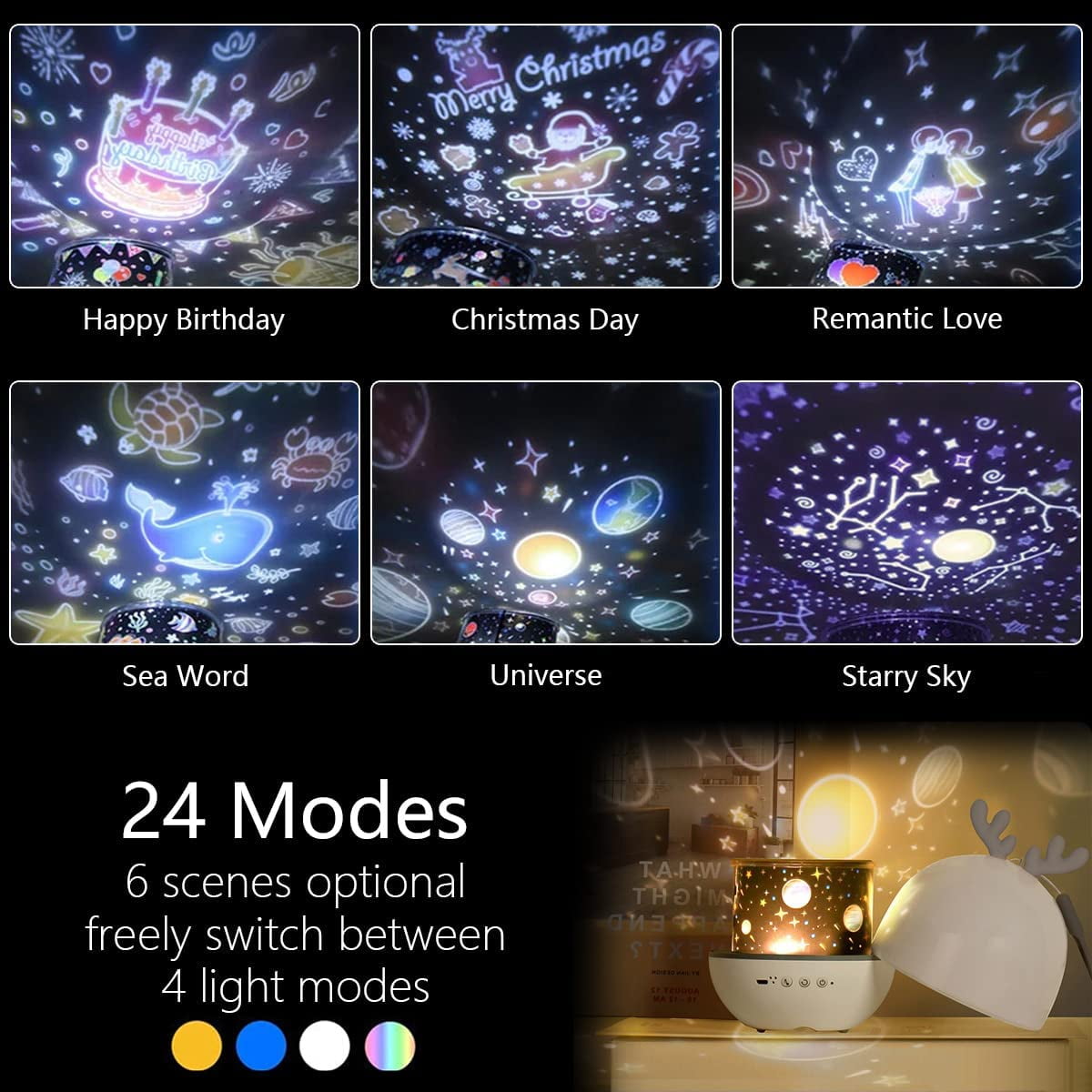 Baby Night Light Projector, LED Children's Night Light Music Light and Light 360 ° Rotation, 8 Songs, 6 Projected Movies, Room Starlight Projector Light, Gift, Birthday