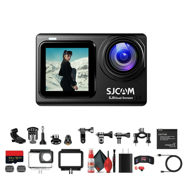 SJCAM SJ8 Dual Screen Action Camera with Dual Displays, Wi‑Fi, and Optimized Night Vision, Bundle Including: 64 GB Micro SD Card, Card Reader, Card Wallet, and USB‑C Adapter