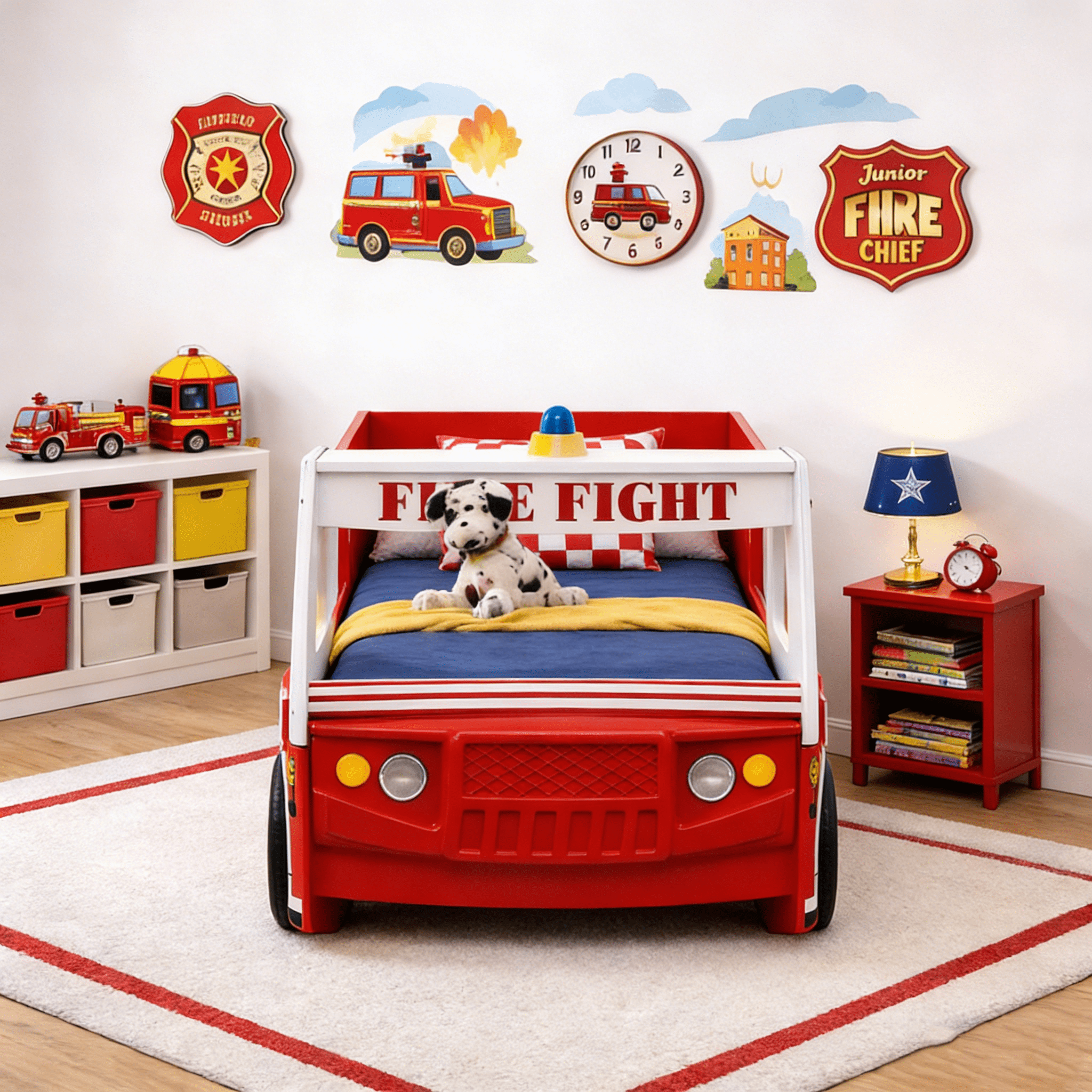 HICOMILA Twin Size Car Bed, Fire Truck Bed, Firefighter Beds, Boys Twin Car Beds, Red LED Headlights & Guardrails for Play & Sleep