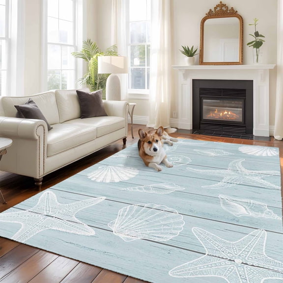 Marines Life Large Area Rugs 8x10 ft Starfish Shell Coral Coastal Summer Blue Wood Grain Washable Rug Non Slip Indoor Carpet Absorbent Floor Mat for Living Room Bedroom Dining Room