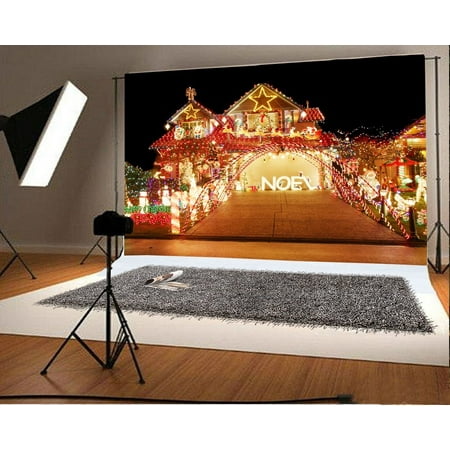 Image of MOHome 7x5ft Christmas Noel Backdrop Xmas Decoration Countyard Shining Lights Night View Happy New Year Photography Background Kids Children Adults Photo Studio Props