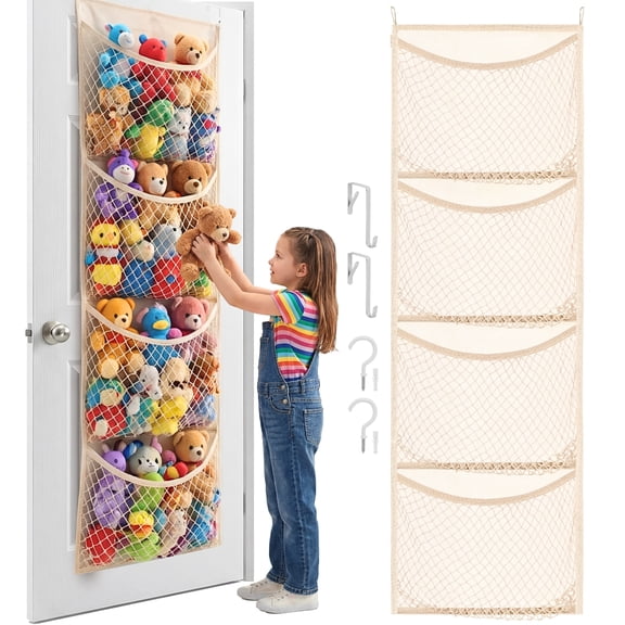 Over The Door Stuffed Animal Storage, Cotton Toy Organizer for Storage Plush Toys,Baby Supplies, Stuffed Animal Holder with 4 Large Pockets, Hanging Door Organizer for Nursery, Bedroom, Kids Room