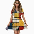 thumbnail image 2 of Mondrian Inspired Women Dress V-Neck Short Sleeve Flowy Swing Party Midi Dress, 2 of 4
