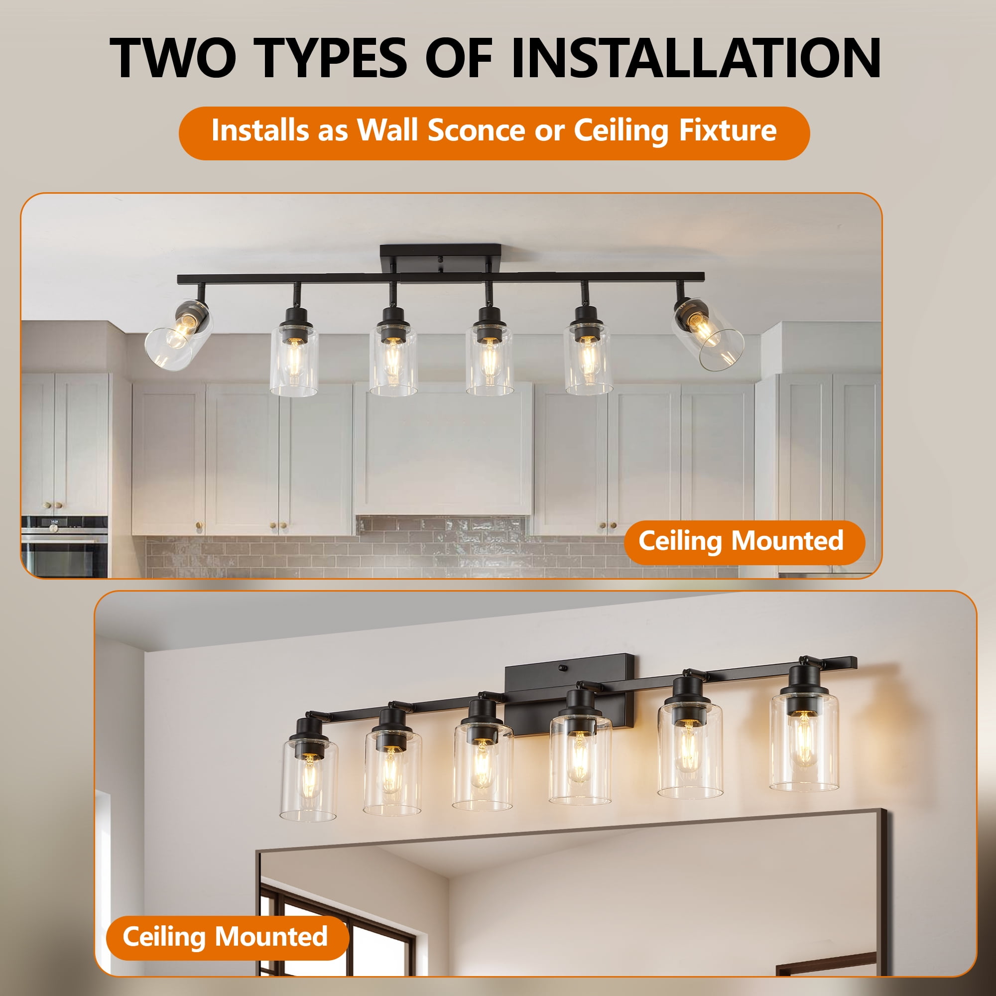 6-Light Track Lighting Kit, Black Rotatable Spotlights with Clear Glass Shade for Kitchen Bathroom Hallway Shop, Ceiling Mount