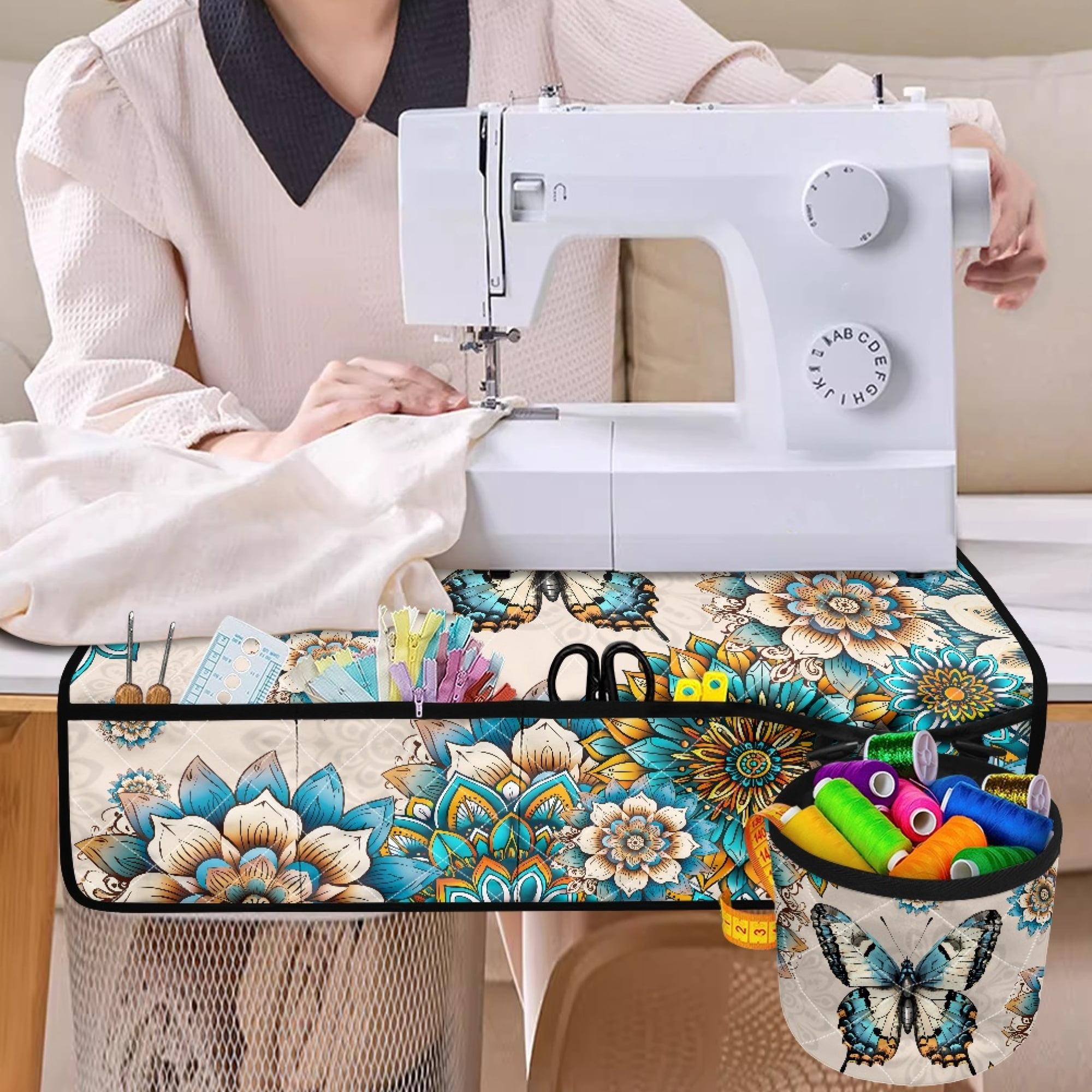 ZIATUBLE Boho Mandala Flower Sewing Machine Mats Anti Bounce Butterfly Sewing Machine Muffling Mat with Pockets Washable Sewing Machine Pad for Table with Removable Storage Bag