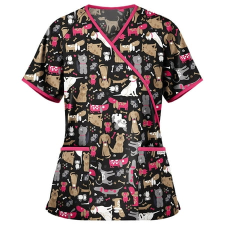 

ELFINDEA Animals Printed Scrubs Blouses for Women V Neck Short Sleeve Womens Tops