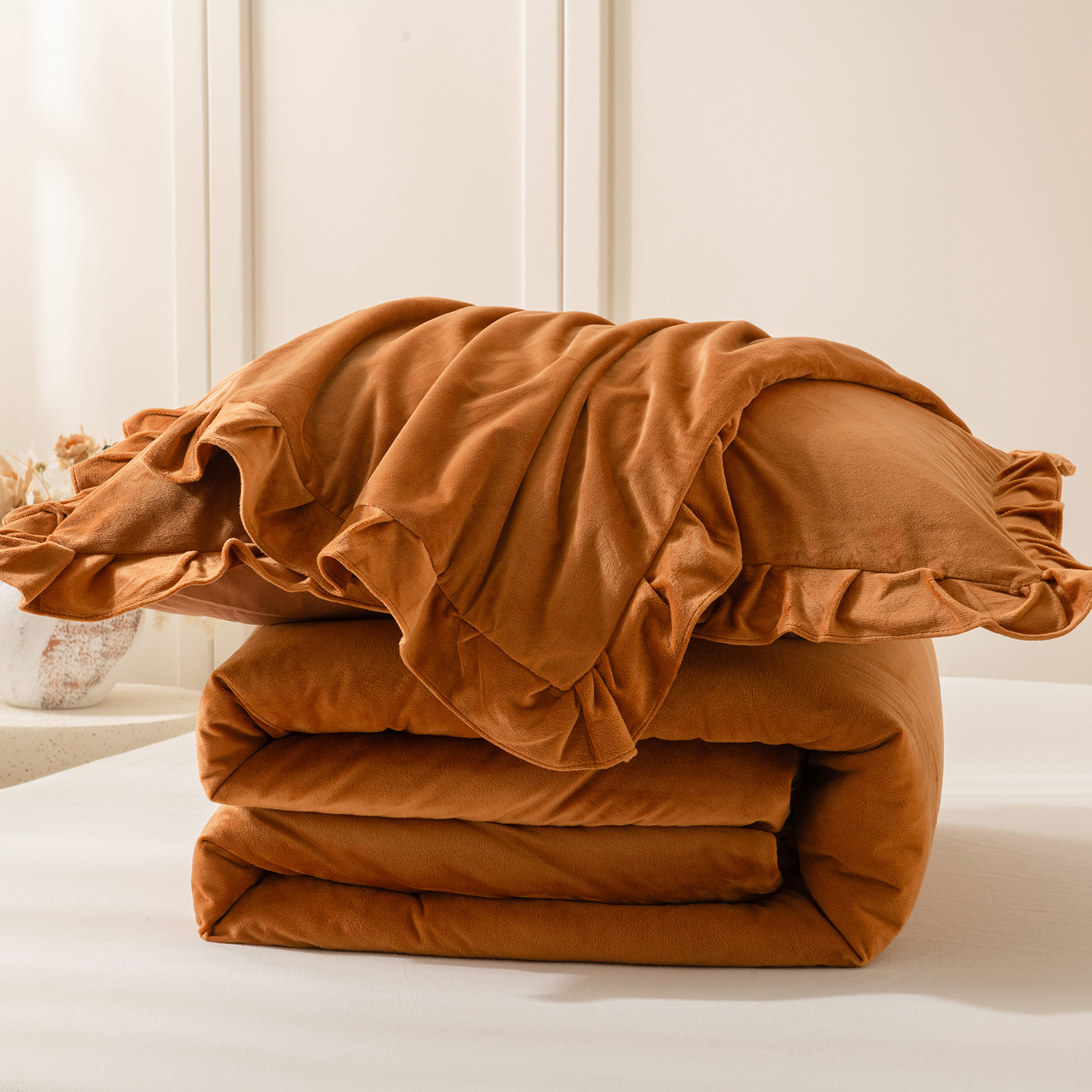 Caramel Velvet Comforter Set King, Ruffled Fluffy Plush Bedding with Pillowcases, All-Season Cozy Luxury Bed Set for Women & Girls