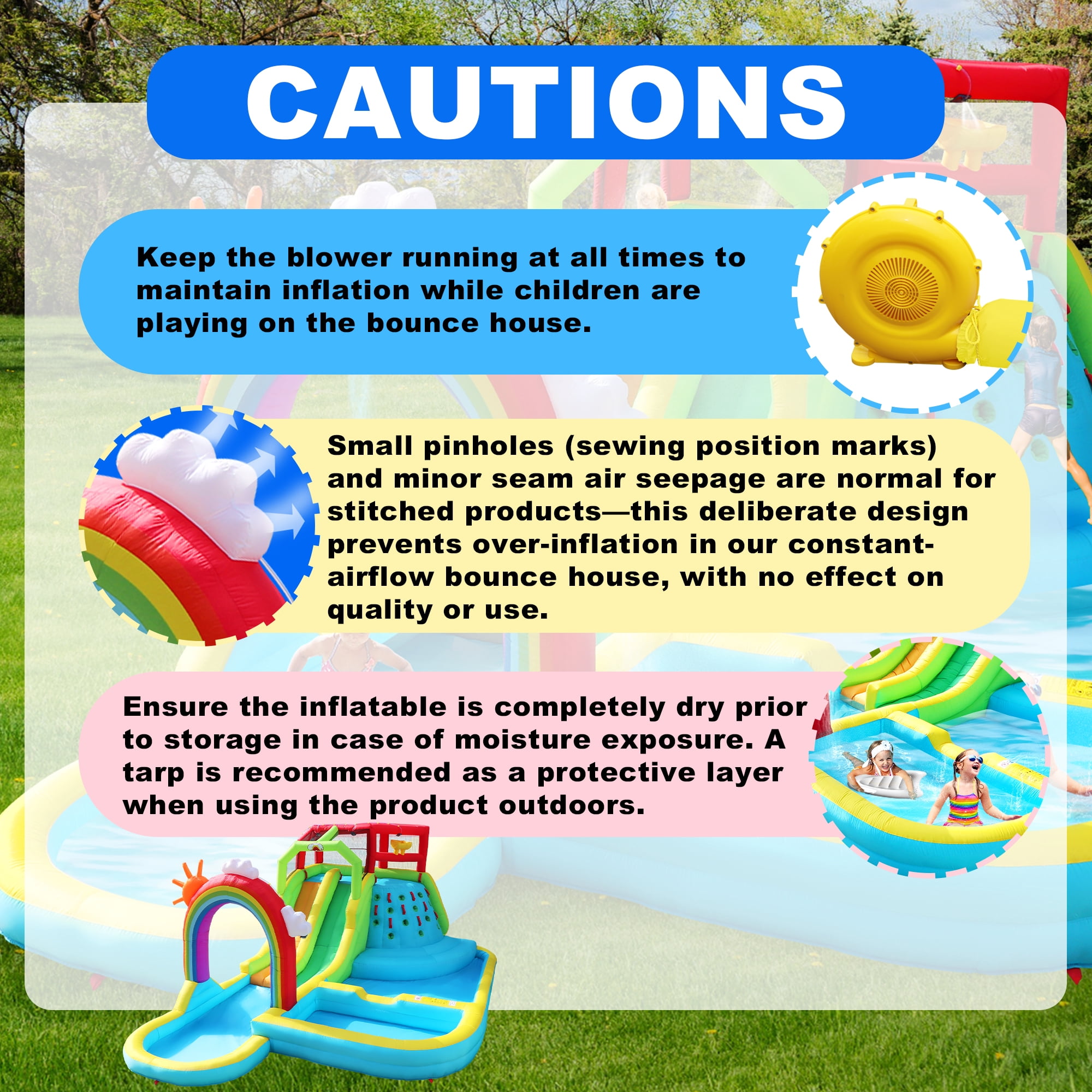 WELLFUNTIME Inflatable Water Slide Park for Kids, Bounce House with Blower, Rainbow Water Curtain, Splash Pool for Backyard