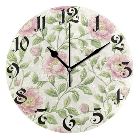 DEIARA Blooming Pink Peonies Burgundy Butterfly Wall Clock 10in Silent Mechanism Battery Operated Retro Style for Living Room Bedroom and Kitchen Black Pointer