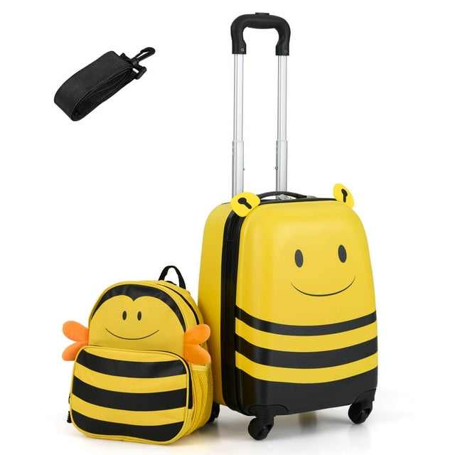 Costway 2-Piece Kid's Luggage Set with Cute Bee Backpack & 18" Rolling Suitcase Name Card