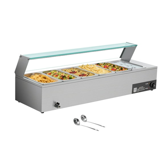 KFFKFF Commercial Food Warmer, 1500W Electric Stainless Steel Steam Table with Glass Lid, Includes 6 x 1/3 Size Pans, Buffet Bain Marie with Soup and Perforated Ladles, Ideal for Catering, Restaurant
