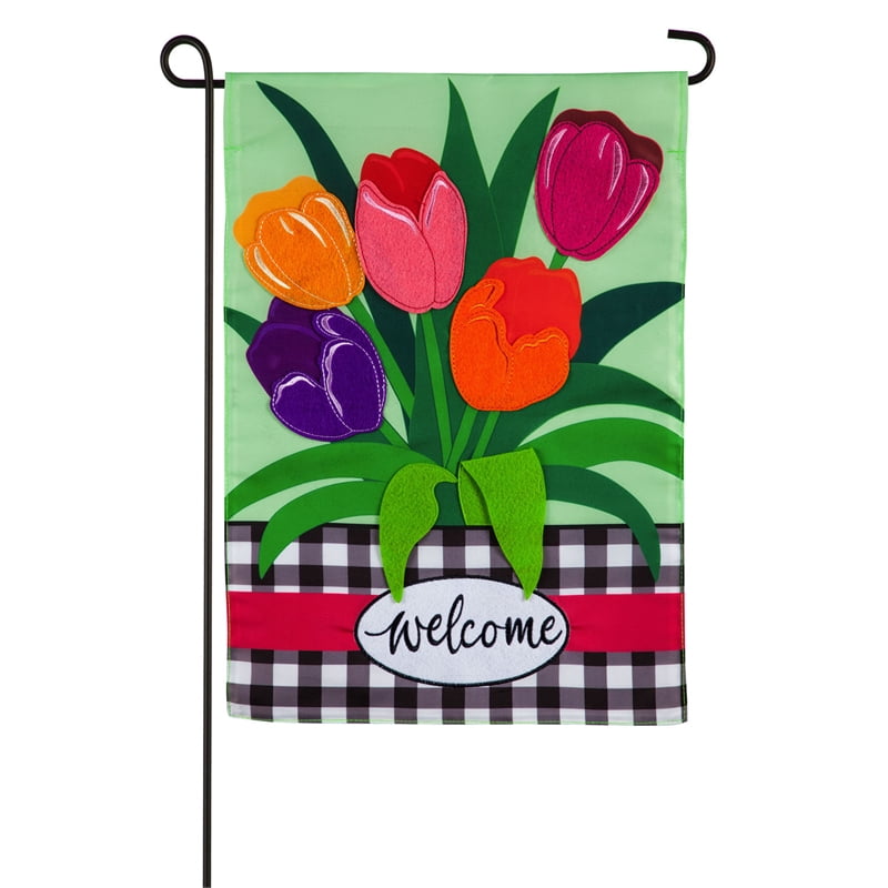 Pink Tulips Spring Garden Flag Glitter Floral Butterfly Welcome Flower 12.5"x18" 