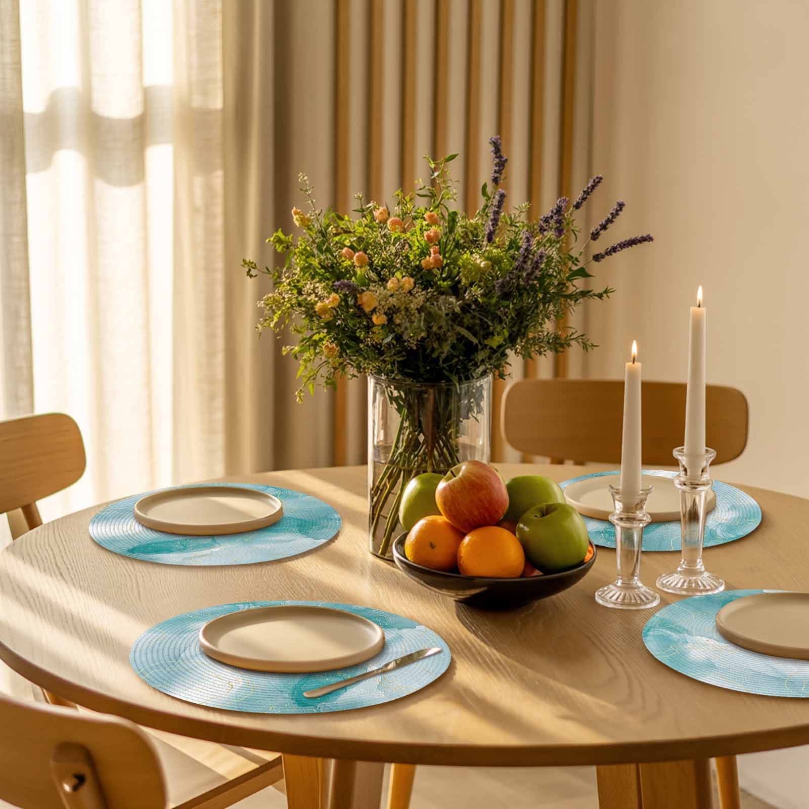 Abstract Coastal Round Table Placemats set of 6, Blue Green Gold Lines Washable Woven Place Mats for Dining Tables Kitchen Party Decor,Heat Proof, 13in,