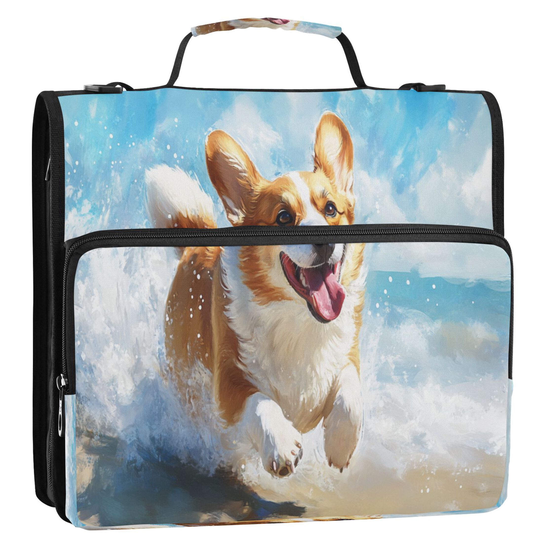 YAZAOO Zipper Binder trapper keeper Documents Organized Design Corgi Play on The Beach Printed
