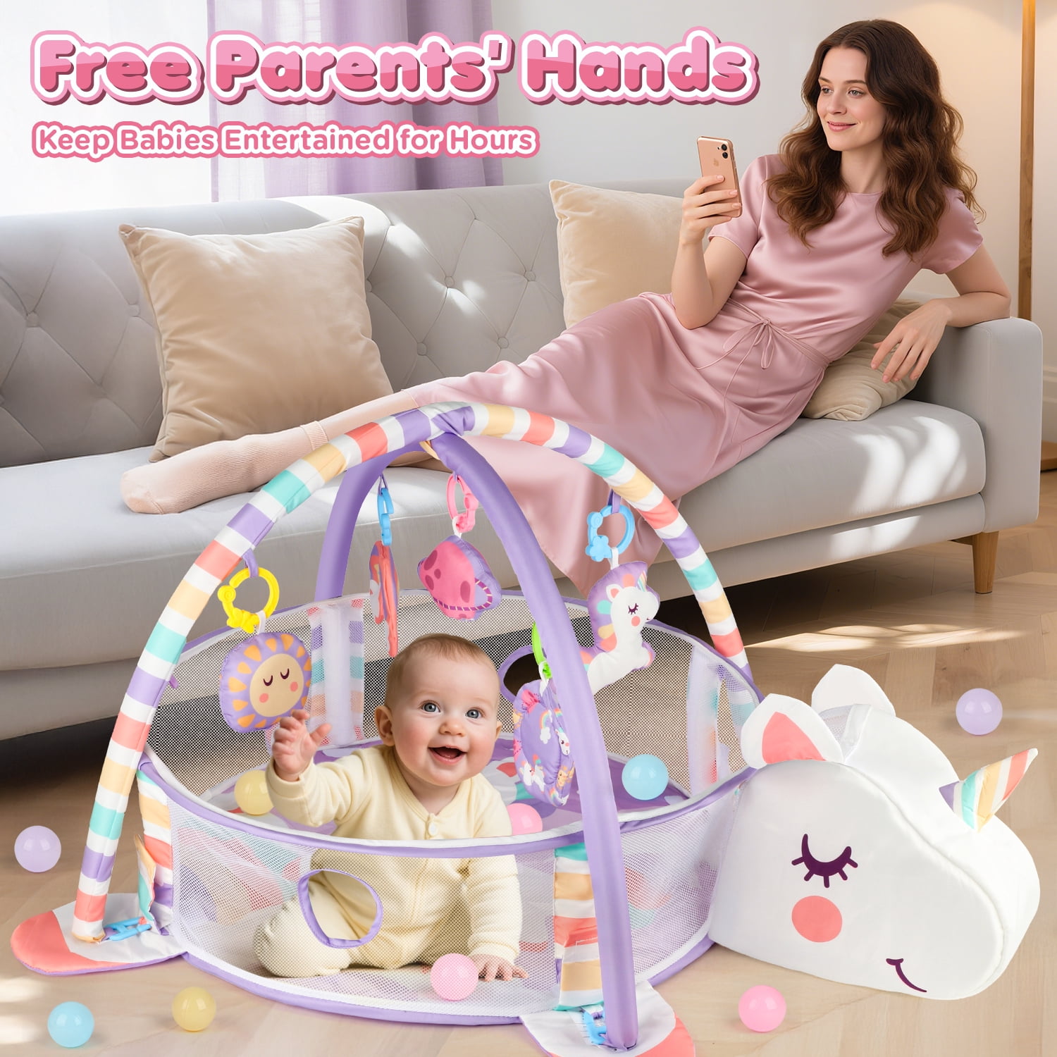Beefunni Baby Play Mat, 4-in-1 Unicorn Tummy Time Mat & Ball Pit, Baby Activity Play Mat, Gym & Sensory Toys, 0-12 Months