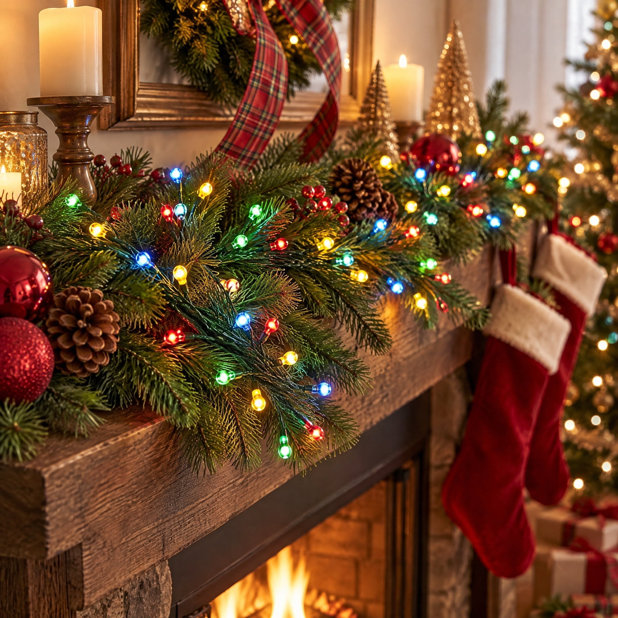 Indoor/Outdoor 80-Count Battery-Operated LED 8-Function Christmas Garland Lights, Multicolor, Green Wire, 6', by Holiday Time