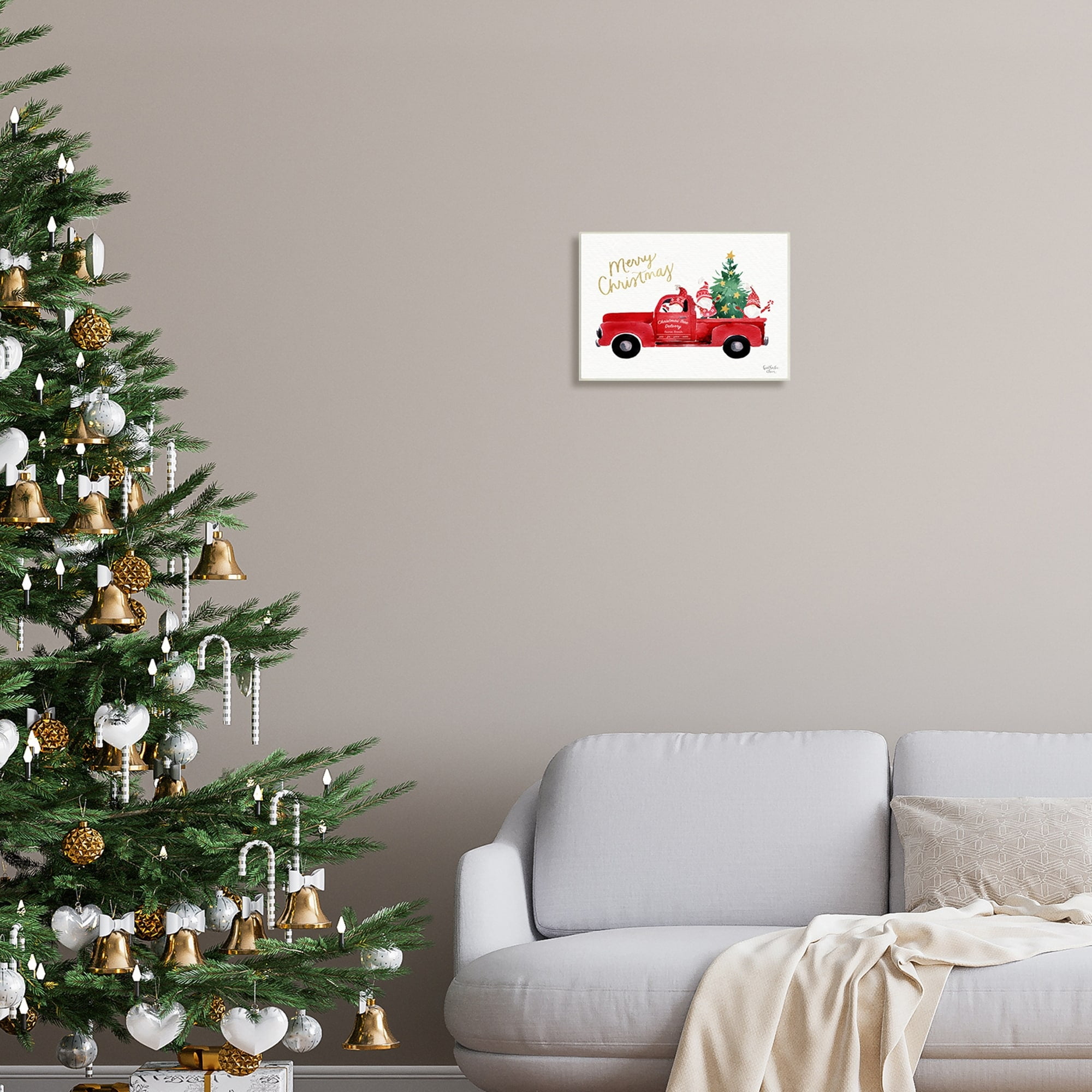 Stupell Industries Merry Christmas Holiday Red Truck Santa Gnomes & Tree Graphic Art Unframed Art Print Wall Art, Design by Heatherlee Chan