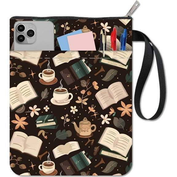 Book Sleeve Cover Bag with Zipper and Extra Sleeve Rectangle Vintage Coffee Cup Open Book Flower Cloth Washable Protector Wrap Pouch for DIY Paperbacks Notebook Book Washable Fabric Cloth Pocket