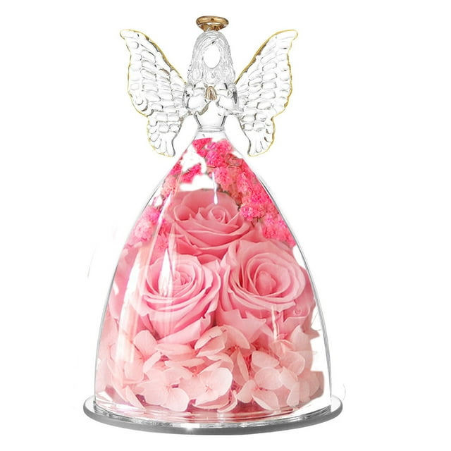 Cadeaux pour Elle, Figurine d'Ange en Verre avec Trois Roses, Cadeaux de Roses Réelles Préservées pour Toujours pour Femmes, Ange Gardien avec Fleur de Rose