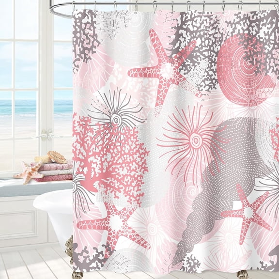 Beach Ocean Themed Shower Curtain, Pink Cute Nautical Coastal Shower Curtains for Bathroom Decor, Summer Tropical Seashell Starfish Coral Fabric Shower Curtain Set with Hooks, 72x72