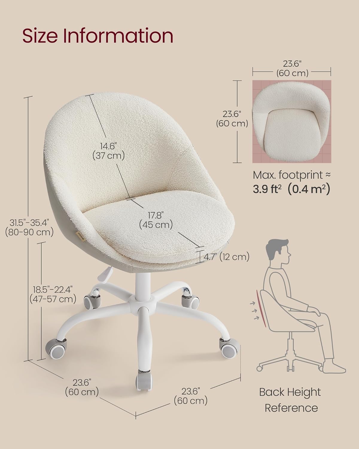 VASAGLE Office Chair, Vanity Chair, Desk Chair, Sherpa and Synthetic Leather, Foam Padding, Adjustable Height, for Home Office, Study, Bedroom