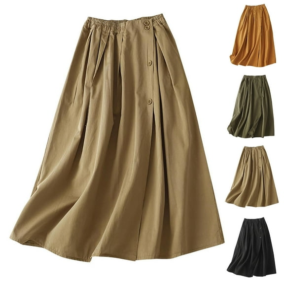 Summer Saving! Ashirexll Summer Skirts for Women, High Waisted Skirts for Women, Summer Womens Solid Color A-line Pleated Mid-Length Skirt High Waist Plus Size Loose and Casual Midi Skirt