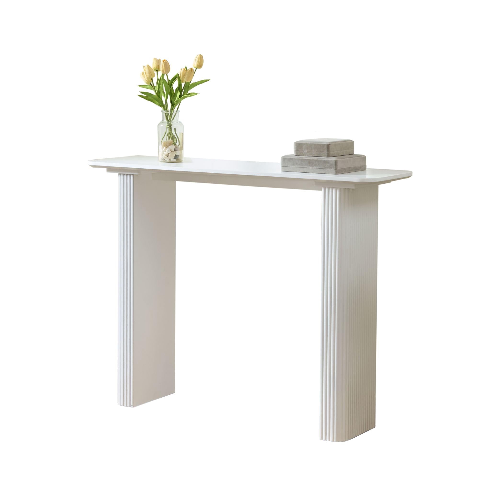 Kings Brand Furniture Varenne Console Table – Contemporary Rectangular Wood Entryway Table with Fluted Architectural Legs, Slim Design for Hallway, Foyer, or Living Room (White)