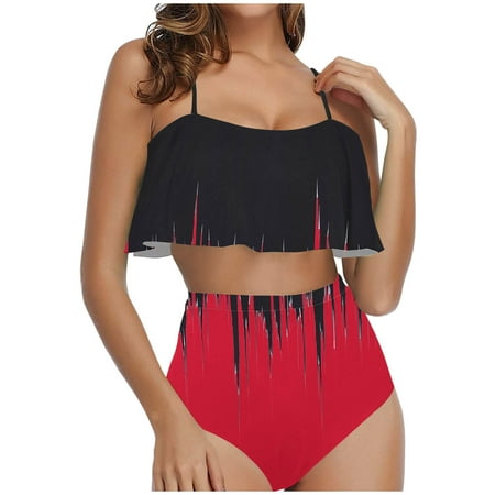 TrendVibe365 Bikinis for Women One Piece Red 2 Piece Swimsuits High Waist Thong Adjustable Shoulder Strap Ruffles Bandeau Bathing Suits Gradient Swimwear Beachwear M