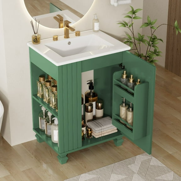 24" Bathroom Vanity with Sink, Bathroom Cabinet with Door Shelf, Side Open Storage, Solid Wood Frame,Soft Closing Door, Faucet Not Include, Green