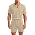 thumbnail image 5 of Bpyeka Men's Casual Two-Piece Set, Camp Collar Button-Down Shirt & Drawstring Shorts, Herringbone Jacquard Textured Co-Ord Outfit, S-2XL, 5 of 9
