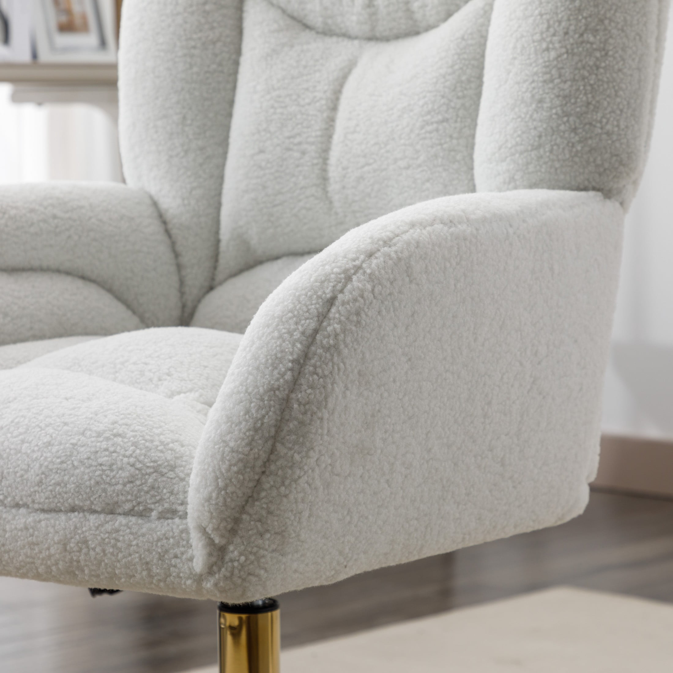 Noble House Rostin Teddy Swivel Home Office Chair, Ergonomic Makeup Vanity Seat with Adjustable Gold Base, Ivory
