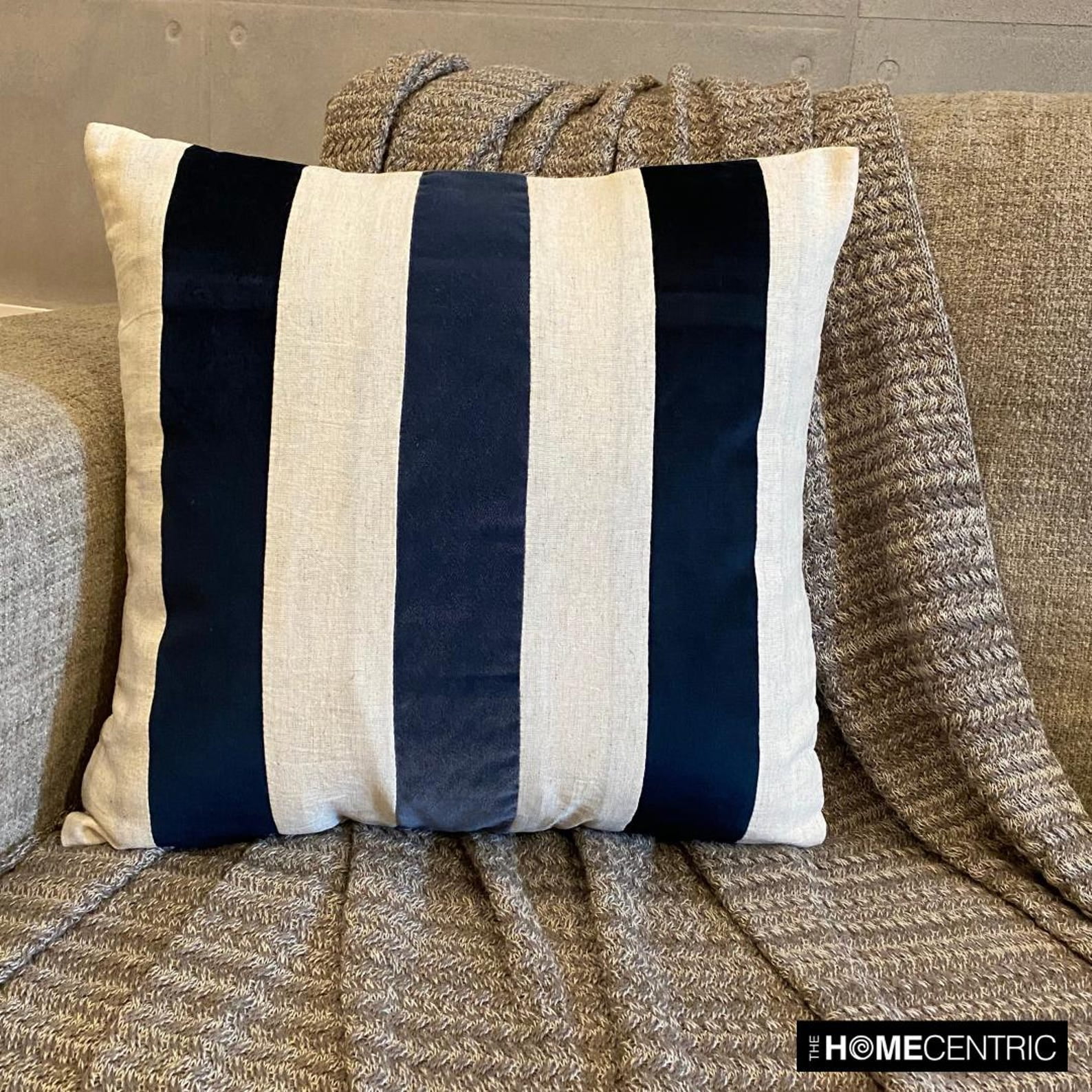 The HomeCentric Decorative Throw Pillow cover Navy 26"x26" (65x65 cm) Velvet & Linen Patchwork, Striped Pillowcases, Striped Modern Style - Velvet Band Navy