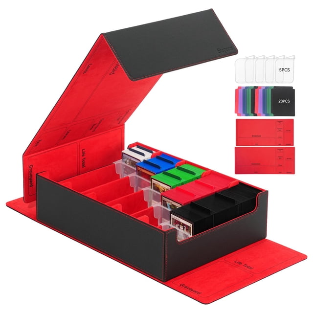Caja de almacenamiento para tarjetas coleccionables Stepane 3800+ con separadores, color negro y rojo